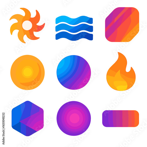 Gradient Icon Harmony. Solid, filled icons set of bold gradients: swirling sunburst, layered waves, diagonal