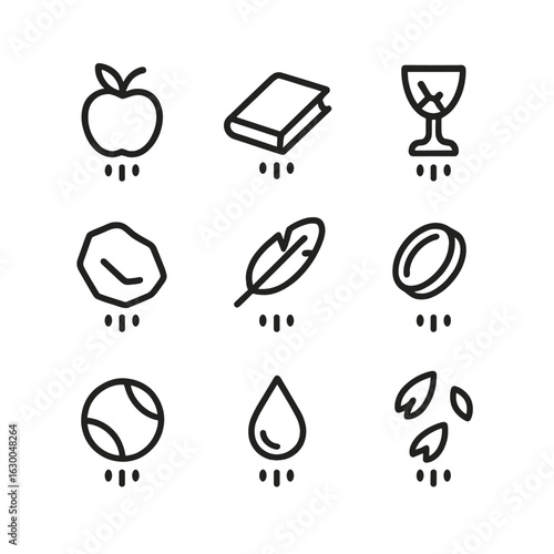 Falling Objects Icons. Outline icon set of fall objects: apple falling, book dropping, glass breaking, stone falling, feather