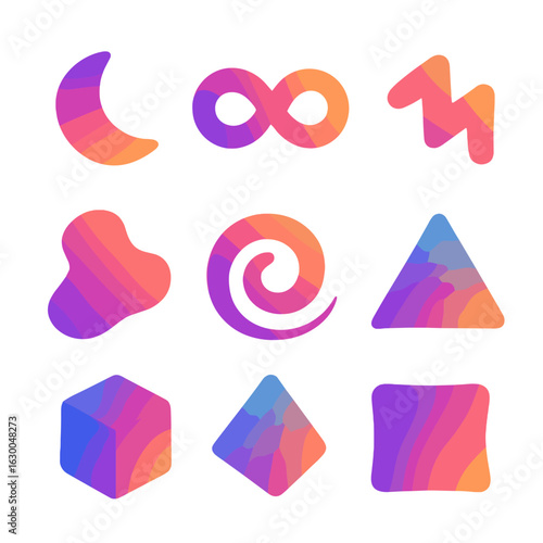 Gradient Shape Icons. Solid, filled icons set of gradient abstract shapes: crescent slice, infinity loop,