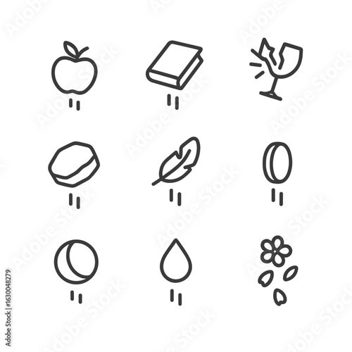 Falling Objects Icons. Outline icon set of fall objects: apple falling, book dropping, glass breaking, stone falling, feather