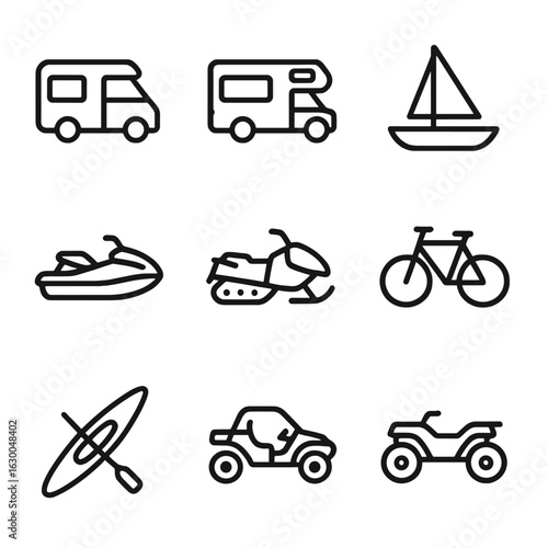 Wallpaper Mural Recreational Vehicle Icons. Outline icon set of recreational vehicles: camper van, motorhome, sailboat, jet ski, snowmobile, Torontodigital.ca