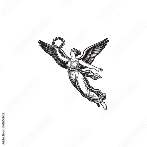 vintage engraving of Nike, the Greek goddess of victory, portrayed with graceful wings and flowing robes