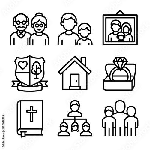 Family Legacy Icons. Outline icon set of legacy in family: grandparents, children, family photo, family crest, home, heirloom