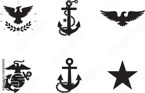 Vintage military emblems and nautical symbols for patriotic designs