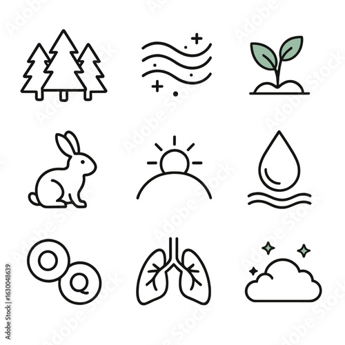 Green Environment Icons. Outline icon set of green environment and air purification: forest, clean air, plants