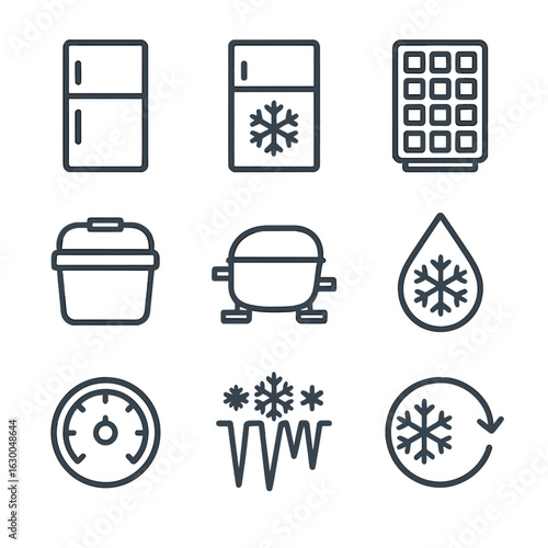 Refrigeration Icon Set. Outline icon set of refrigeration: refrigerator outline, freezer compartment, ice cube tray, cooler box,