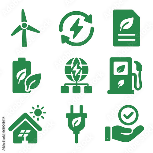 Green Energy Icons. Solid, filled icons set of green energy adoption: wind turbine, renewable electricity