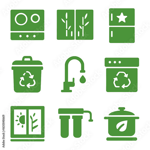 Green Kitchen Icons. Solid, filled icons set of green kitchen renovations: induction stove, bamboo cabinetry,