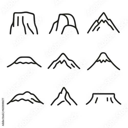 Famous Mountain Icons. Outline icon set of famous climbs: El Capitan, Half Dome, Mount Everest, Kilimanjaro, Denali, Mount Fuji,