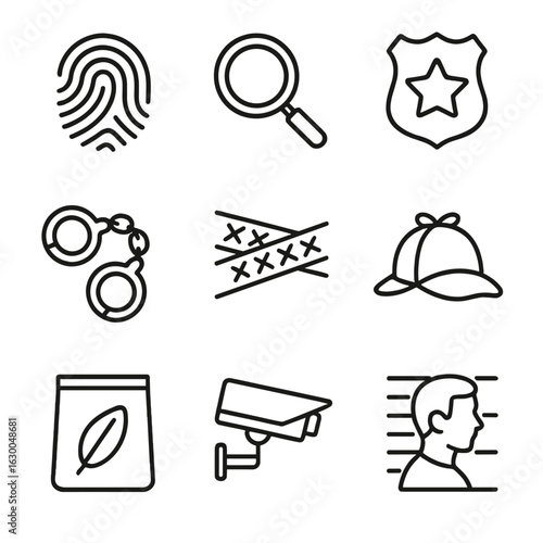 Crime Icon Set. Outline icon set of crime investigation: fingerprint, magnifying glass, police badge, handcuffs, crime scene tape,