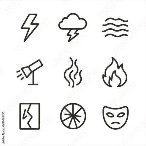 Crime and Drama Icons. Outline icon set of crime punishments: jail cell, gavel, prison bars, handcuffs, court, judge’s bench, fine