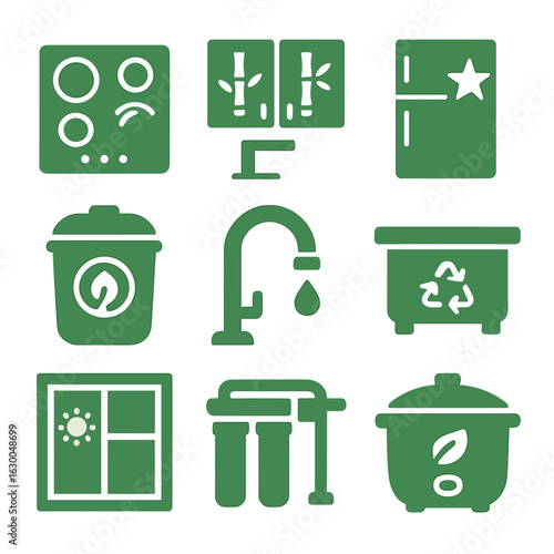 Green Kitchen Icons. Solid, filled icons set of green kitchen renovations: induction stove, bamboo cabinetry,