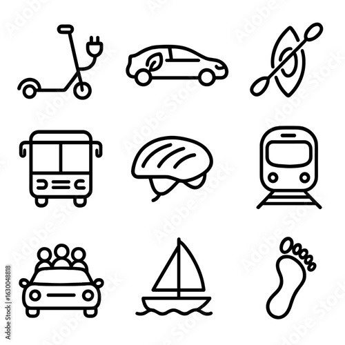 Green Transport Icons. Outline icon set of Green Transportation Methods: electric scooter, hybrid car, kayak,