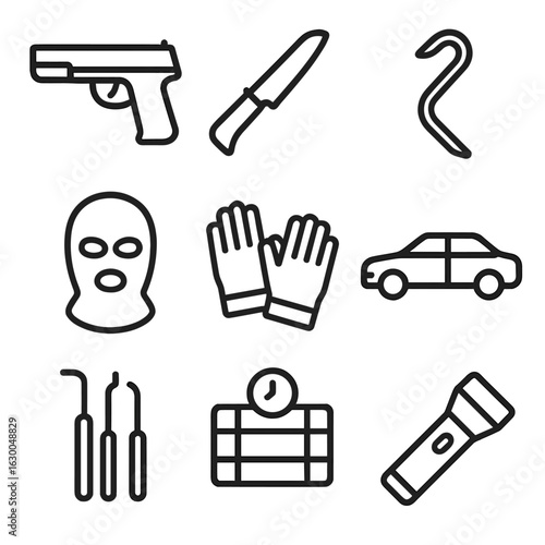 Crime Tools Icons. Outline icon set of weapons and tools used in crime: handgun, knife, crowbar, mask, gloves, getaway car,