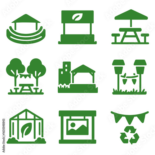 Green Venue Icons. Solid, filled icons set of green event spaces and venues: outdoor amphitheater, eco stage,