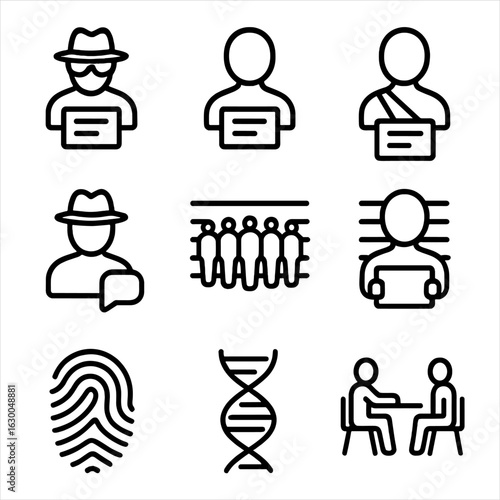 Criminal Profile Icons. Outline icon set of criminal profiles: suspect, witness, victim, informant, police lineup, mugshot,