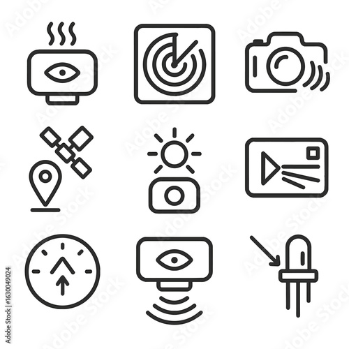 Remote Sensing Icons. Outline icon set of remote sensing sensors: thermal sensor, radar, infrared camera, GPS, light sensor,
