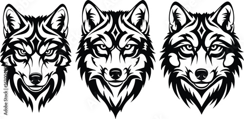 Wolf head illustration, tribal tattoo design, fierce animal face, black and white vector, wild beast symbol, graphic art