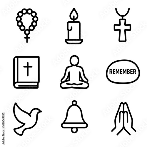 Grief Coping Icons. Outline icon set of Faith-based grief coping: prayer beads, lit candle, cross pendant,