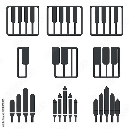 Icon Grid Layout. rd keys, pipe organ pipes. All icons equally spaced in a 3×3 grid (3 per row). Uniform icon