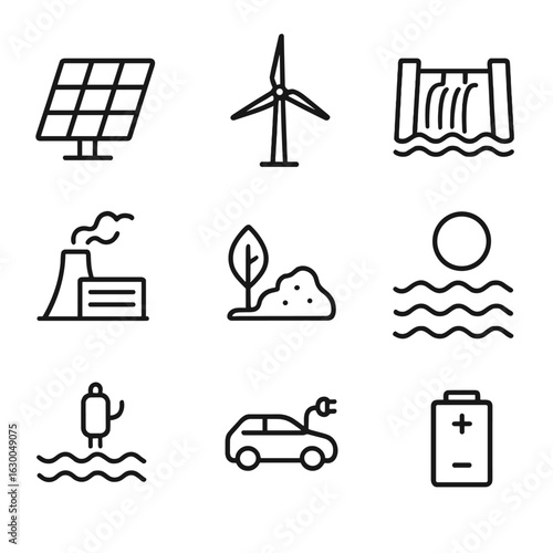 Renewable Energy Icons. Outline icon set of renewable energy sources: solar panel, wind turbine, hydroelectric dam, geothermal