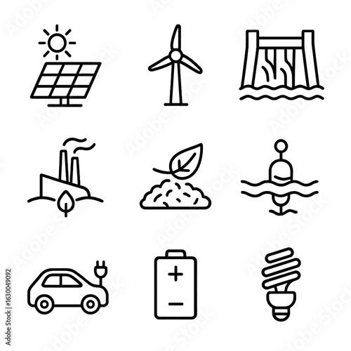 Renewable Energy Icons. Outline icon set of renewable energy sources: solar panel, wind turbine, hydroelectric dam, geothermal