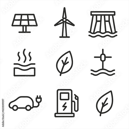 Renewable Energy Icons. Outline icon set of renewable power: solar panel, wind turbine, hydro dam, geothermal, biomass, tidal