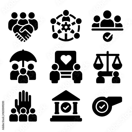 Group Ethics Icons. Solid, filled icons set of group ethics and cooperation: group handshake, collective