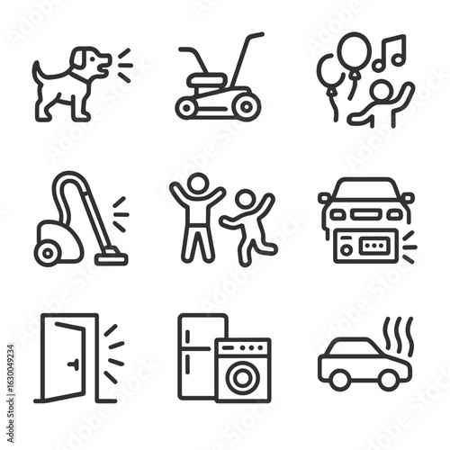 Residential Noise Icons. Outline icon set of residential noise pollution: barking dog, lawn mower, party music, vacuum cleaner,