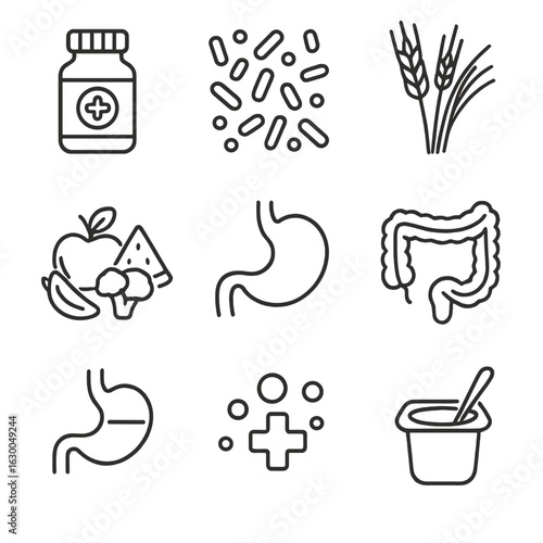 Gut Health Icons. Outline icon set of gut health: probiotics, gut bacteria, fiber, healthy diet, stomach,