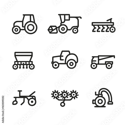 Farming Machinery Icons. Outline icon set of farming machinery: tractor, harvester, plow, seed drill, baler, sprayer, cultivator,