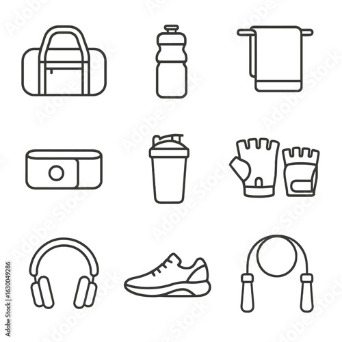Gym Accessories Icons. Outline icon set of gym accessories: gym bag, water bottle, towel, wristband, protein