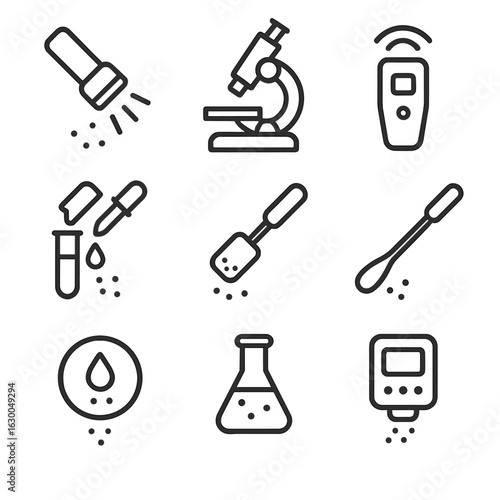 Residue Detection Icons. Outline icon set of residue and trace detection: UV light, microscope, sensor, chemical test, residue