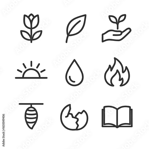 Resurrection Icon Set. Outline icon set of resurrection and renewal: blooming flower, new leaf, sprout in hand, rising sun, water