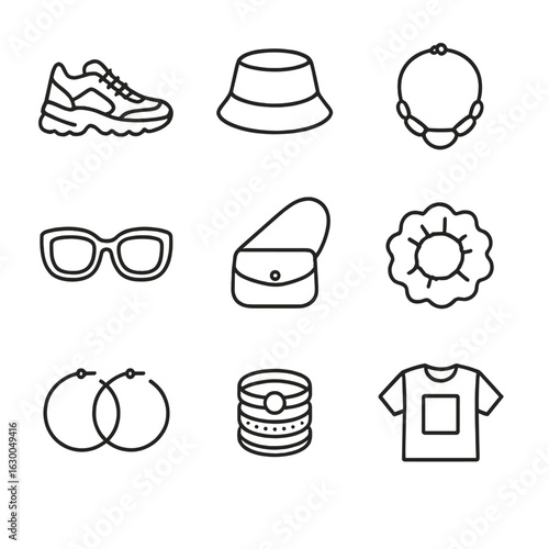 Fashion Accessory Icons. Outline icon set of fashion accessory trends: chunky sneakers, bucket hat, statement necklace, oversized