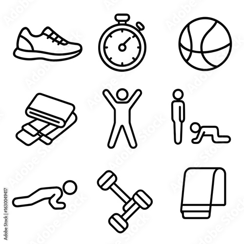 Gym Workout Icons. Outline icon set of gym HIIT workout: running shoes, timer, medicine ball, resistance bands