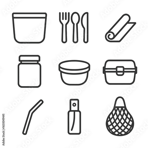 Reusable Kitchenware Icons. Outline icon set of reusable kitchenware: silicone bag, bamboo cutlery, food wrap, storage jar,