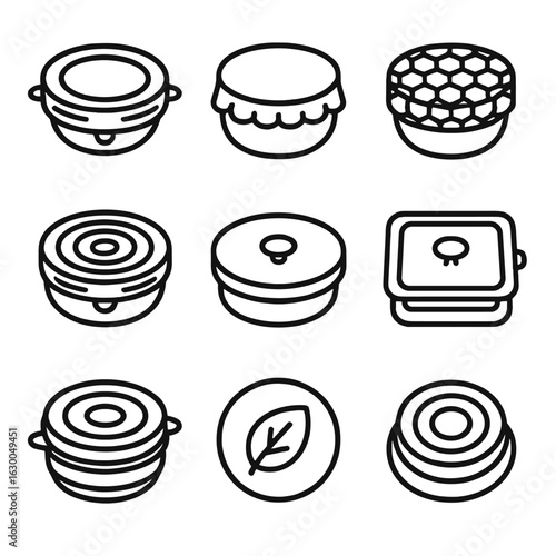 Reusable Lid Icons. Outline icon set of reusable lids: silicone stretch lid, fabric bowl cover, beeswax wrap lid, suction lid,