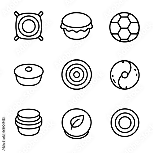 Reusable Lid Icons. Outline icon set of reusable lids: silicone stretch lid, fabric bowl cover, beeswax wrap lid, suction lid,