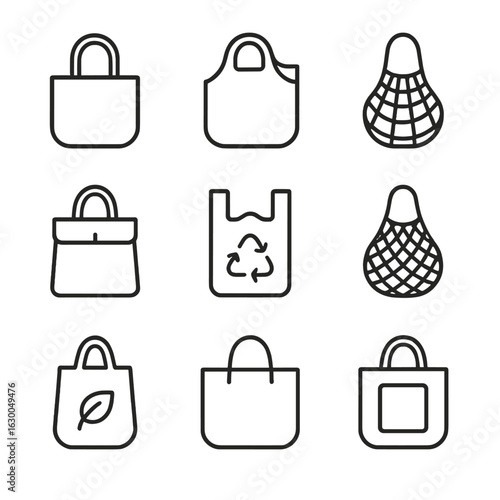 Reusable Shopping Bags Icons. Outline icon set of reusable shopping gear: canvas tote, foldable bag, string bag, insulated bag,