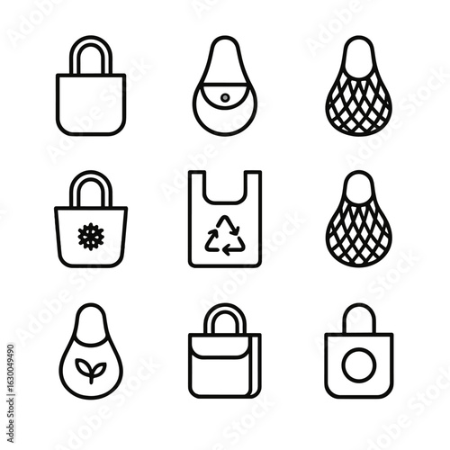Reusable Shopping Bags Icons. Outline icon set of reusable shopping gear: canvas tote, foldable bag, string bag, insulated bag,
