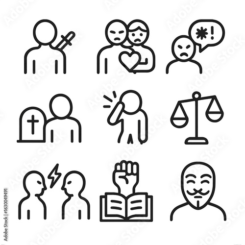 Revenge Motives Icons. Outline icon set of revenge motives: betrayal, jealousy, insult, loss, humiliation, injustice, rivalry,
