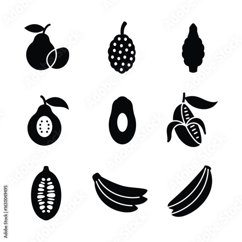 Collection of tropical fruit icons featuring pear, mangosteen, bael, avocado, banana, and sapodilla isolated on white background