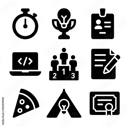 Hackathon Icon Set. Solid, filled icons set of hackathons and idea contests: stopwatch, trophy with bulb,