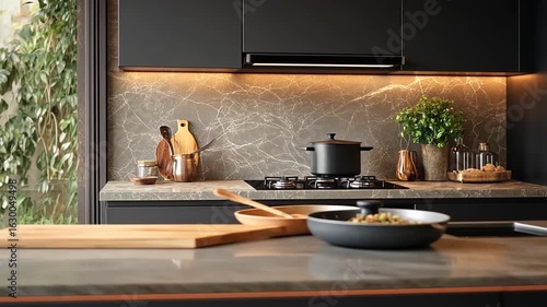 Modern kitchen countertop with dark cabinets and stone backsplash.