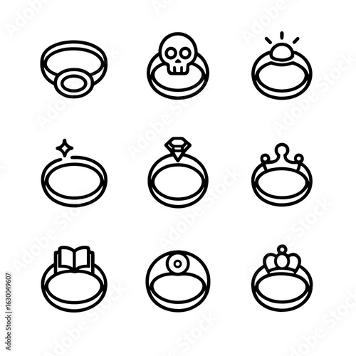 Ring Icon Collection. Outline icon set of ring in literature: ring of invisibility, cursed ring, powerful artifact, magical ring,
