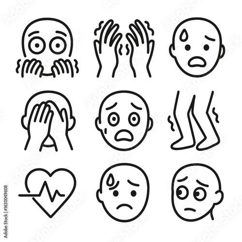 Fear Emotion Icons. Outline icon set of fear emotions: wide eyes, trembling hands, sweating face, hiding behind hands, fearful
