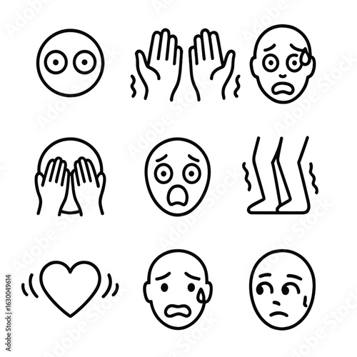 Fear Emotion Icons. Outline icon set of fear emotions: wide eyes, trembling hands, sweating face, hiding behind hands, fearful