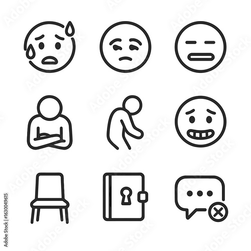 Fear Icon Set. Outline icon set of fear in social context: sweating face, avoiding eye contact, closed mouth, crossed arms,