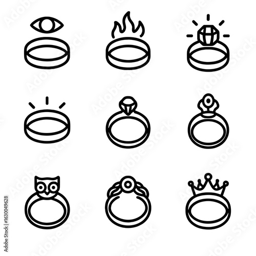 Ring Icon Collection. Outline icon set of ring in literature: ring of invisibility, cursed ring, powerful artifact, magical ring,